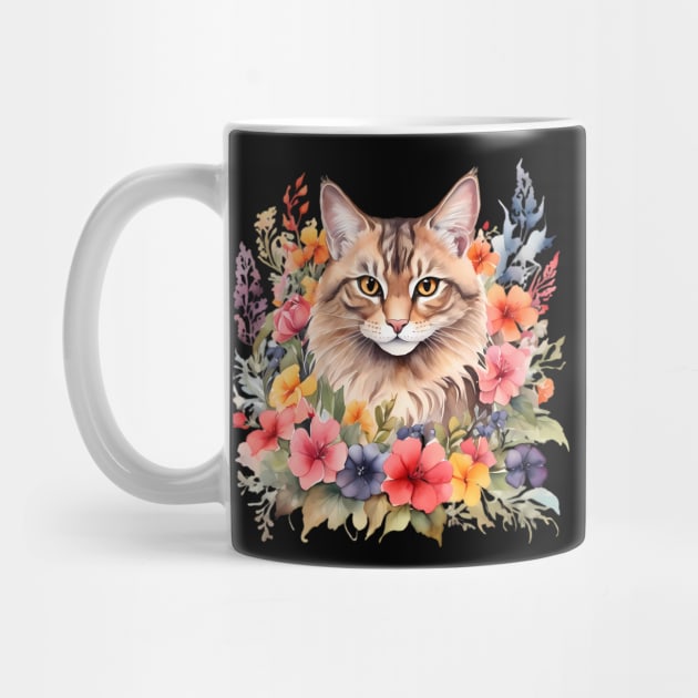 A norwegian forest cat decorated with beautiful watercolor flowers by CreativeSparkzz